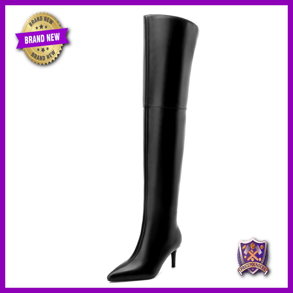 Pointed Toe Thigh High Boots 2.4 Inch Heel Wide Calf Side Zipper